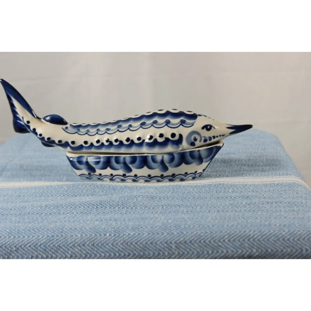 Gzhel Caviar Dish Sturgeon Fish Shape Handmade Blue/White 7